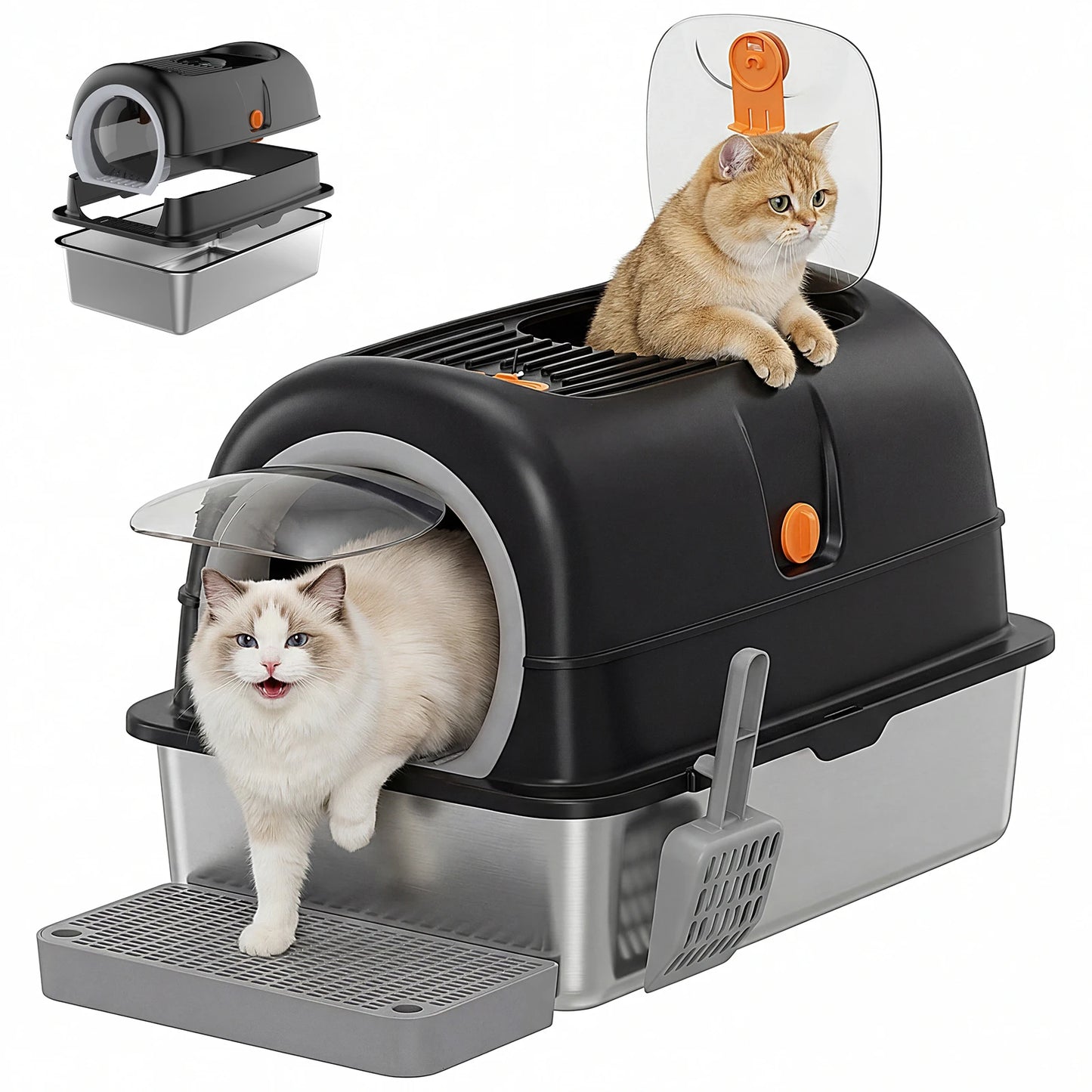 Stainless Steel Fully Enclosed Cat Litter Box Includes Scoop Mat
