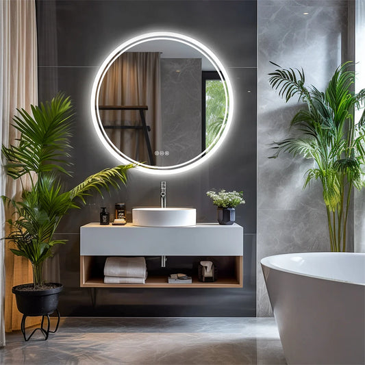 LUVODI Round LED Bathroom Mirror With Touch Dimmer Anti Fog