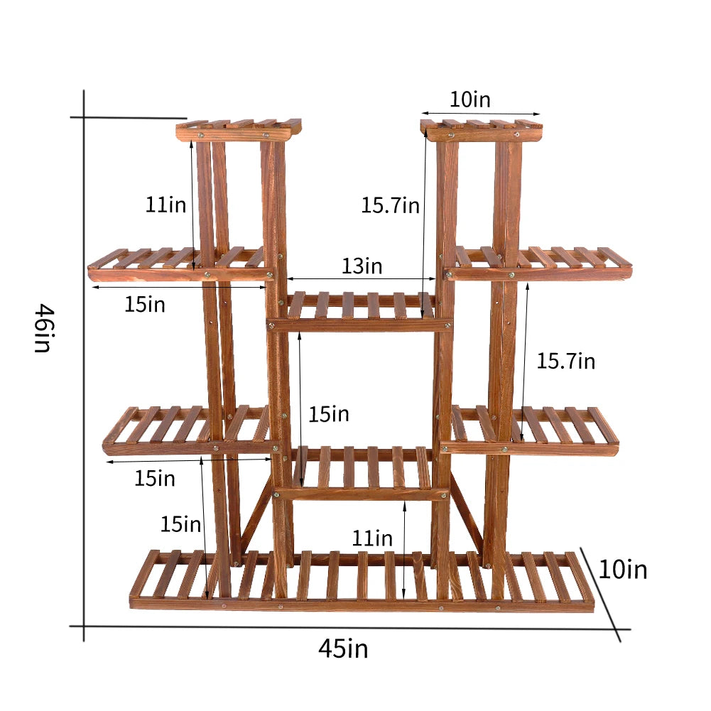 Wooden 11 Tier Plant Stand Carbonized Rustic Garden Display