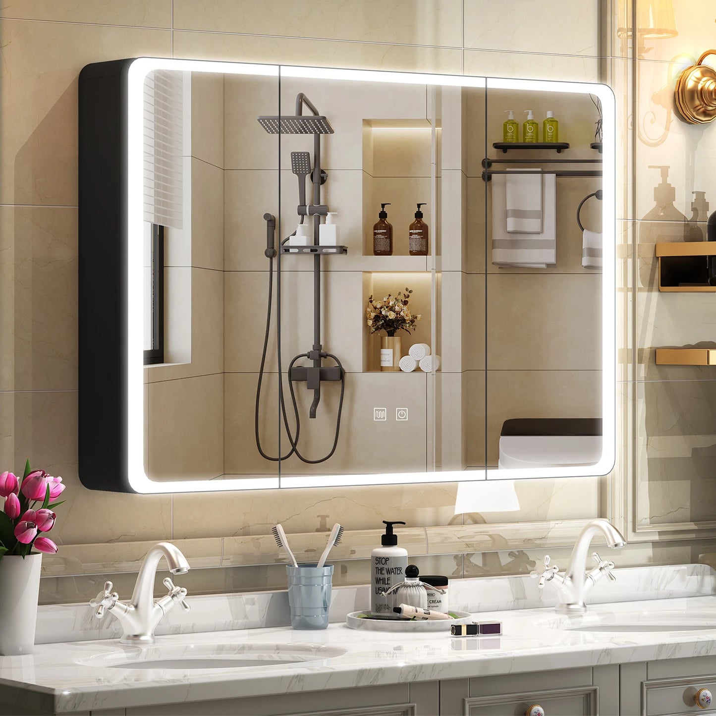 Onesaimei LED Mirror Medicine Cabinet With Two Door Design