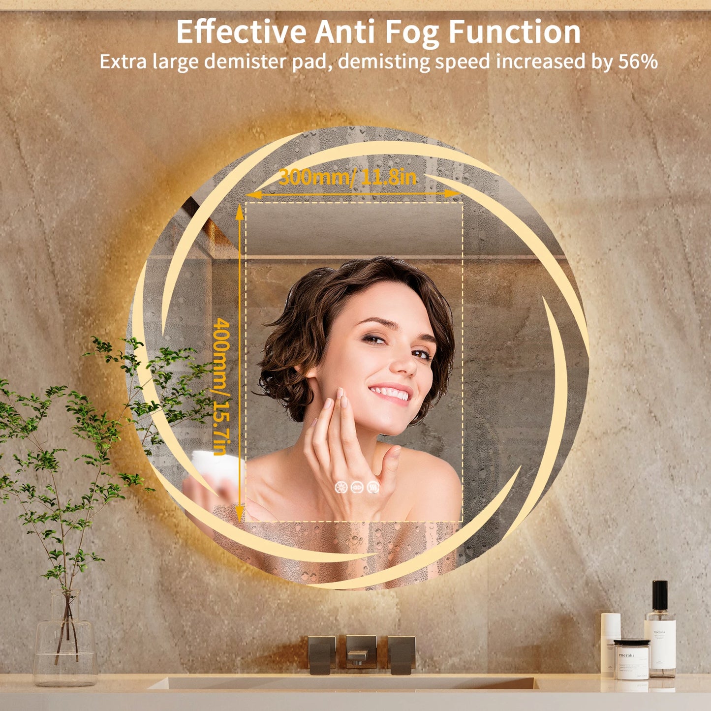 LED Round Bathroom Mirror Backlit Anti Fog Shatterproof Dimmable