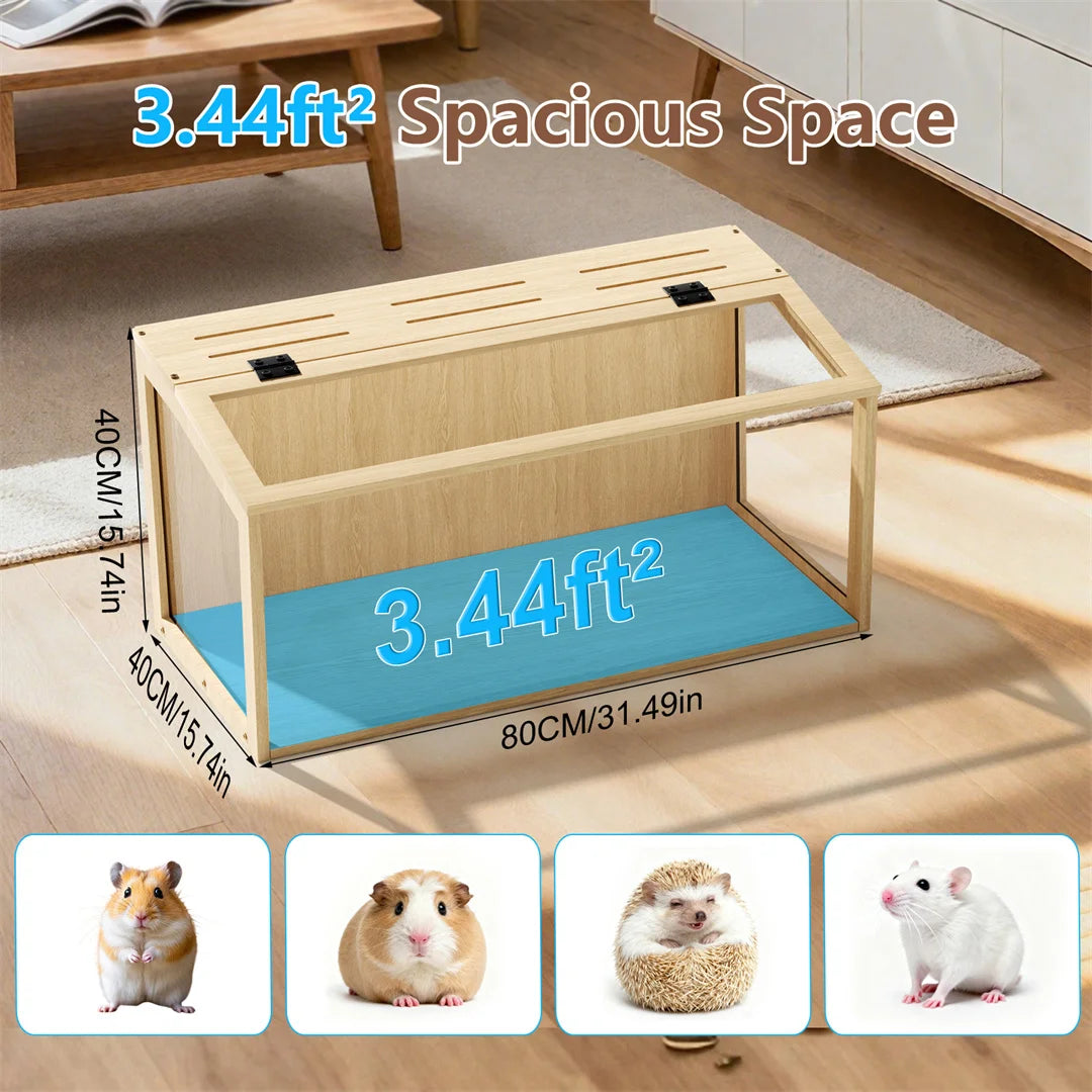 Natural Wooden Hamster Cage With Glass Panels And LED Light