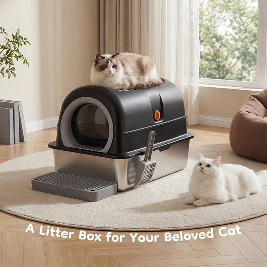 JHK Stainless Steel Fully Enclosed Cat Litter Box Scoop Mat
