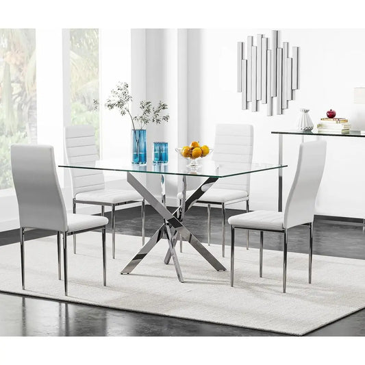 Tempered Glass Dining Table Set With Four Upholstered Chairs