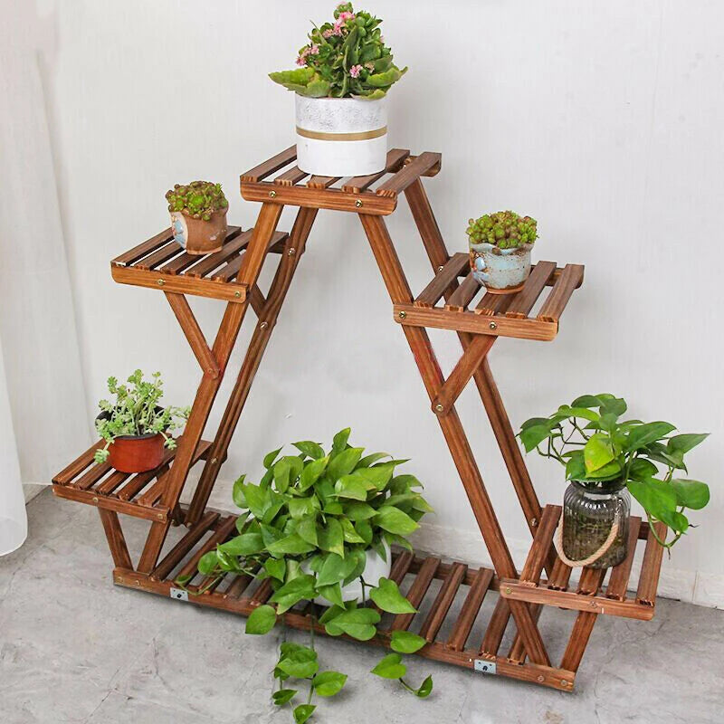 Carbonized Triangle 6 Tier Corner Wood Plant Stand Indoor Outdoor