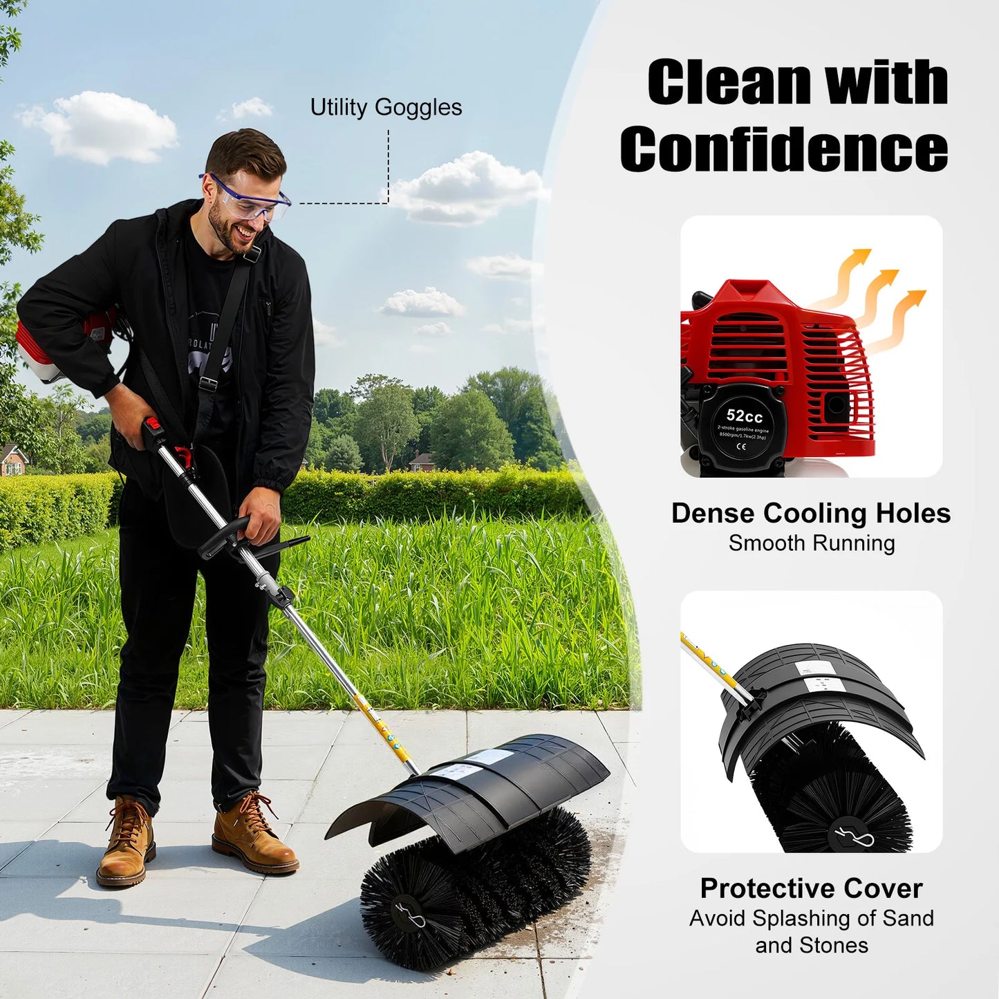 Gas Powered Walk Behind Sweeper Multi Surface Brush Cleaner Driveways