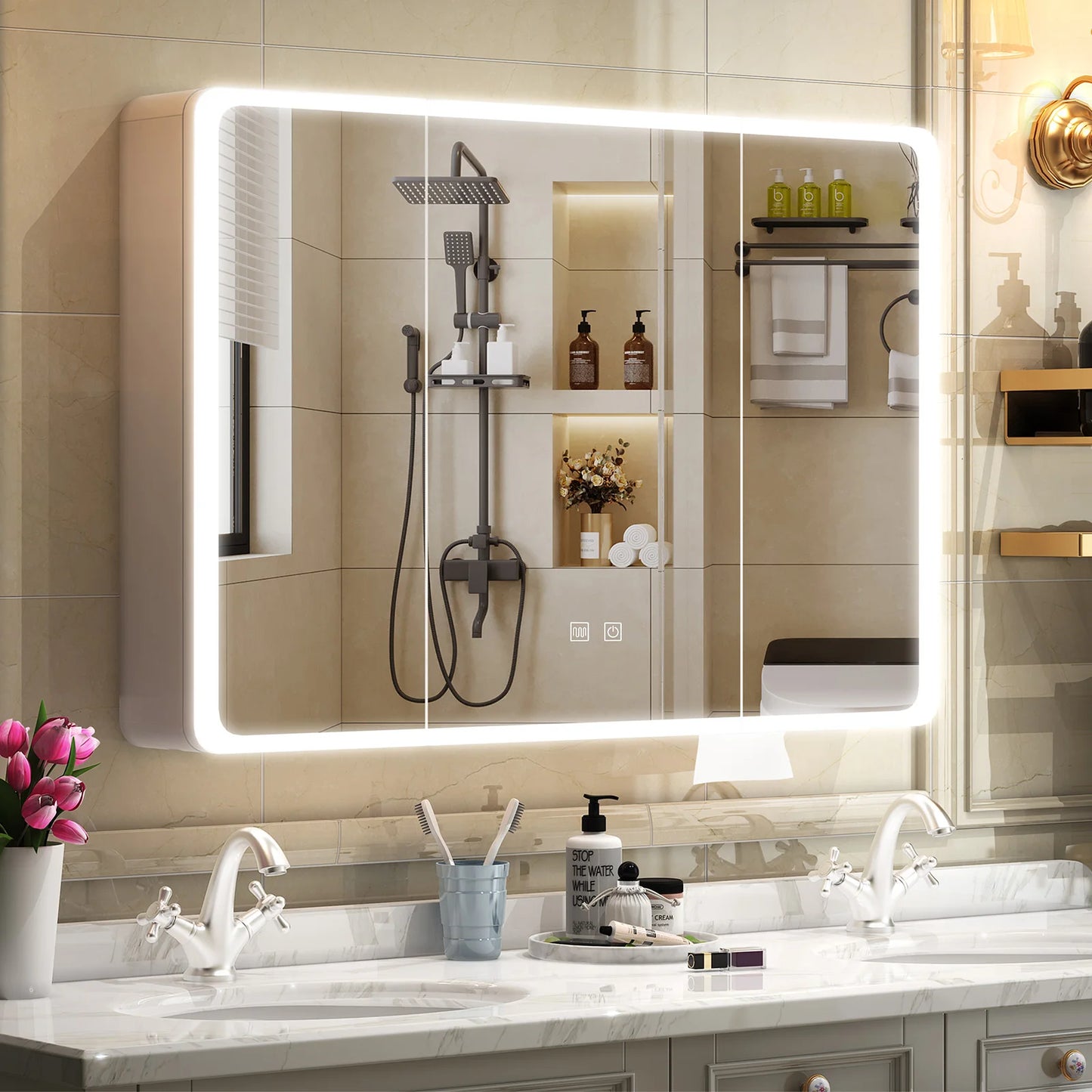Onesaimei LED Mirror Medicine Cabinet With Two Door Design