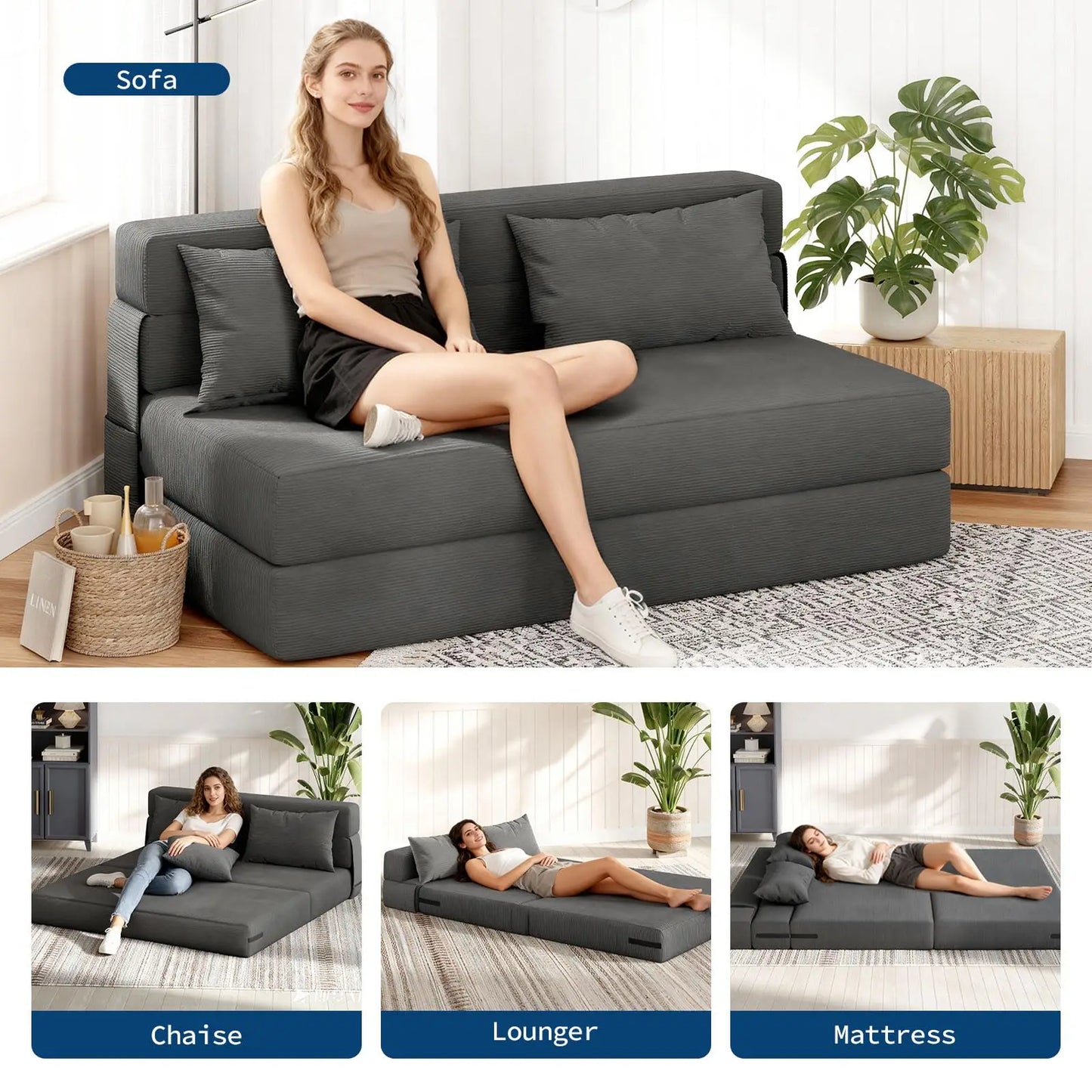 HobbyLane 4 In 1 Folding Sofa Bed Corduroy Loveseat Pillow