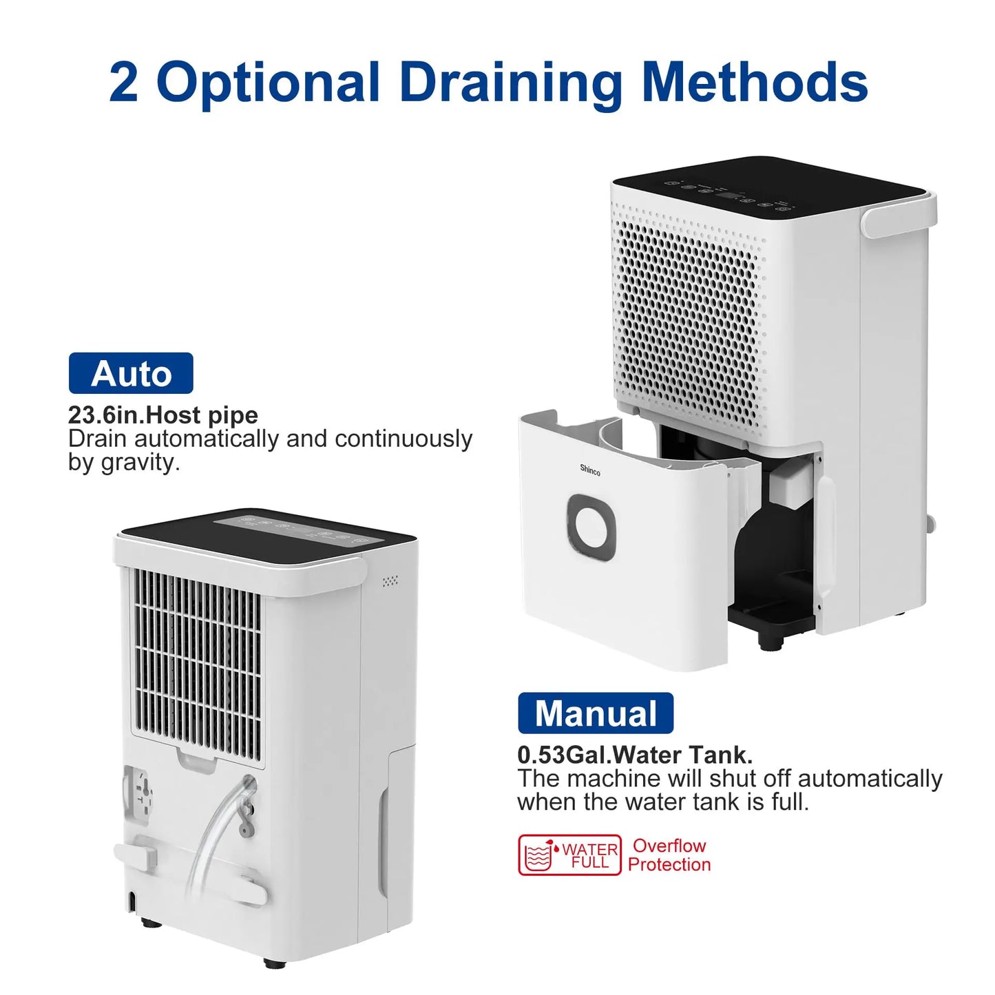 Shinco Dehumidifier With Auto Or Manual Drainage For Home Basements