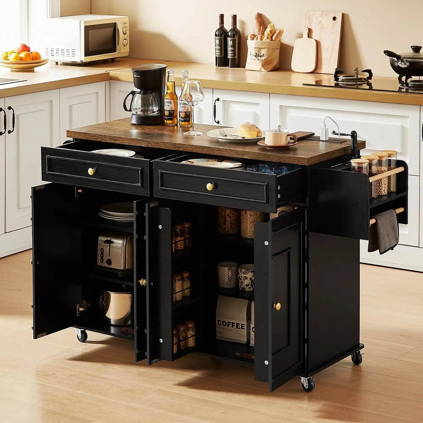 Mobile Kitchen Island With Drop Leaf And Power Outlet