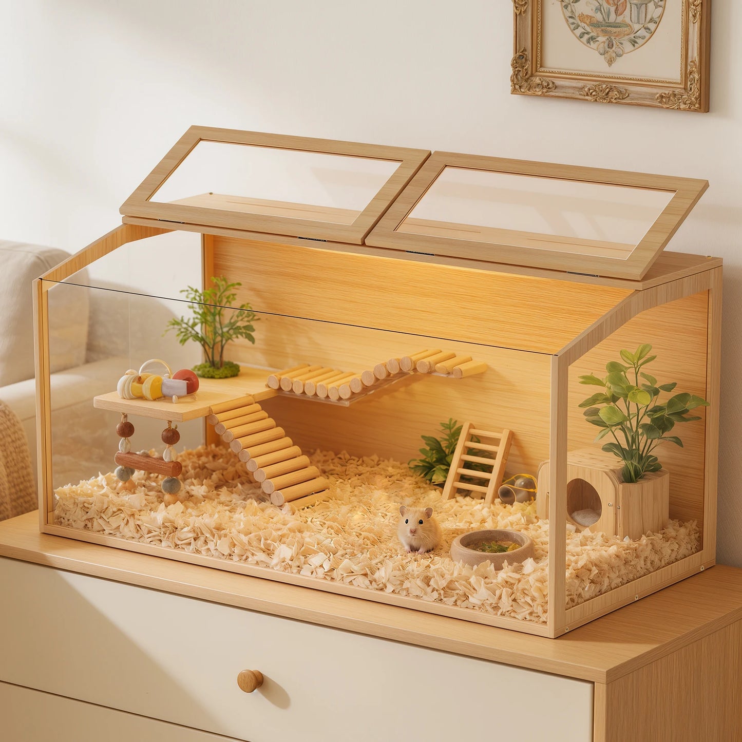 Natural Wooden Hamster Cage With Glass Panels And LED Light