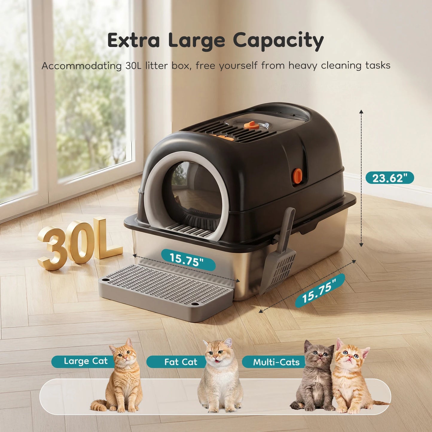 JHK Stainless Steel Fully Enclosed Cat Litter Box Scoop Mat