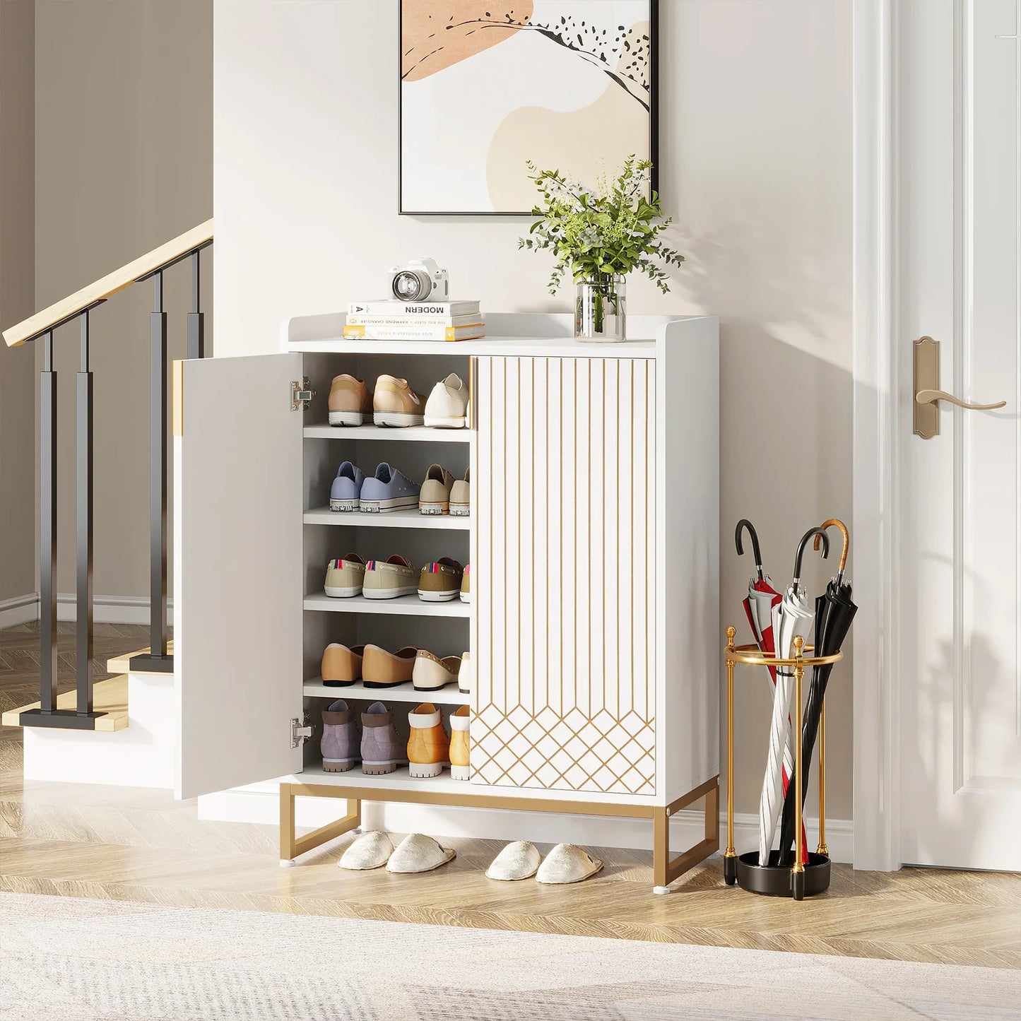 Tribesigns 5 Tier Shoe Cabinet With Doors Wood Storage