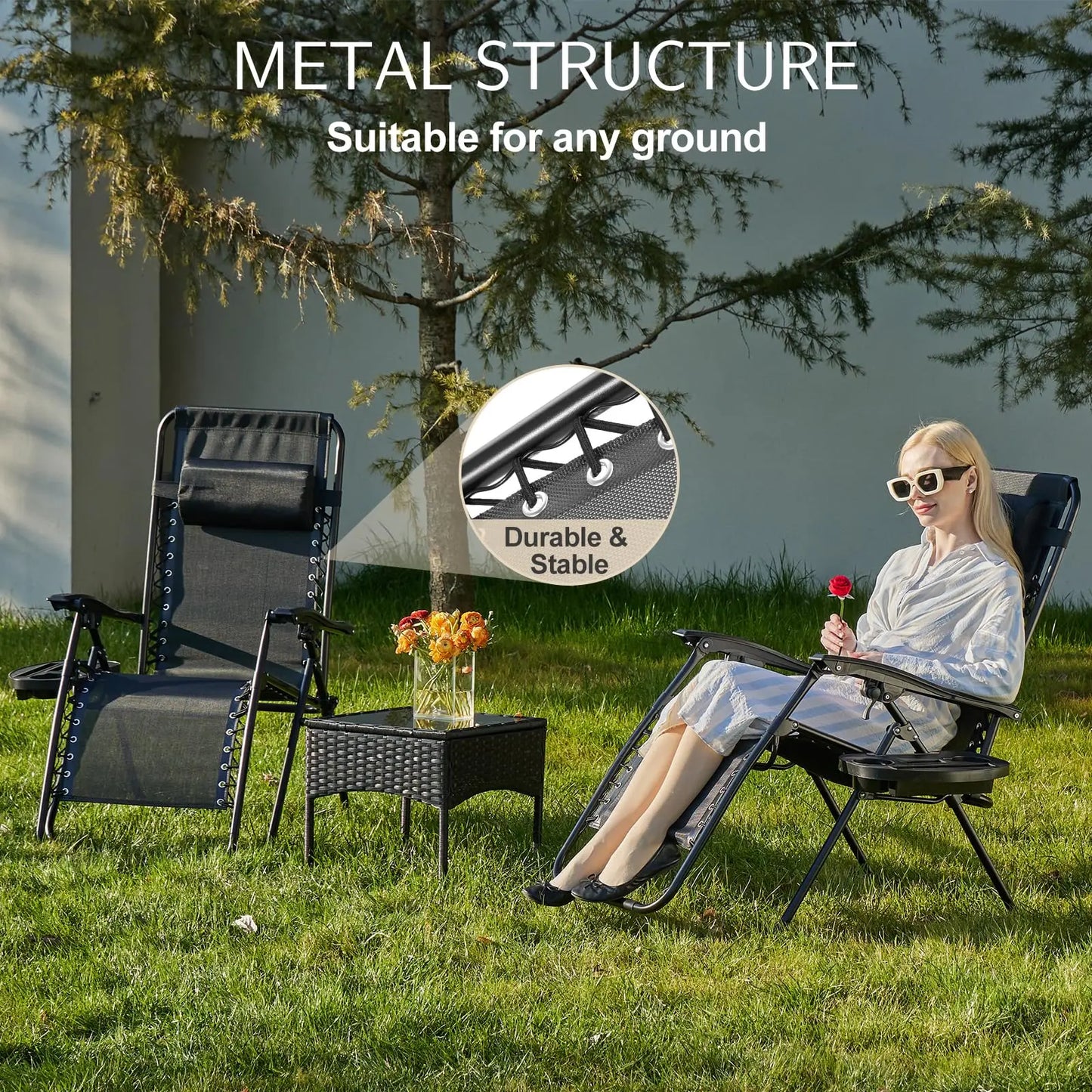 JHK Zero Gravity Portable Recliner With Cup Holder Trays Outdoors