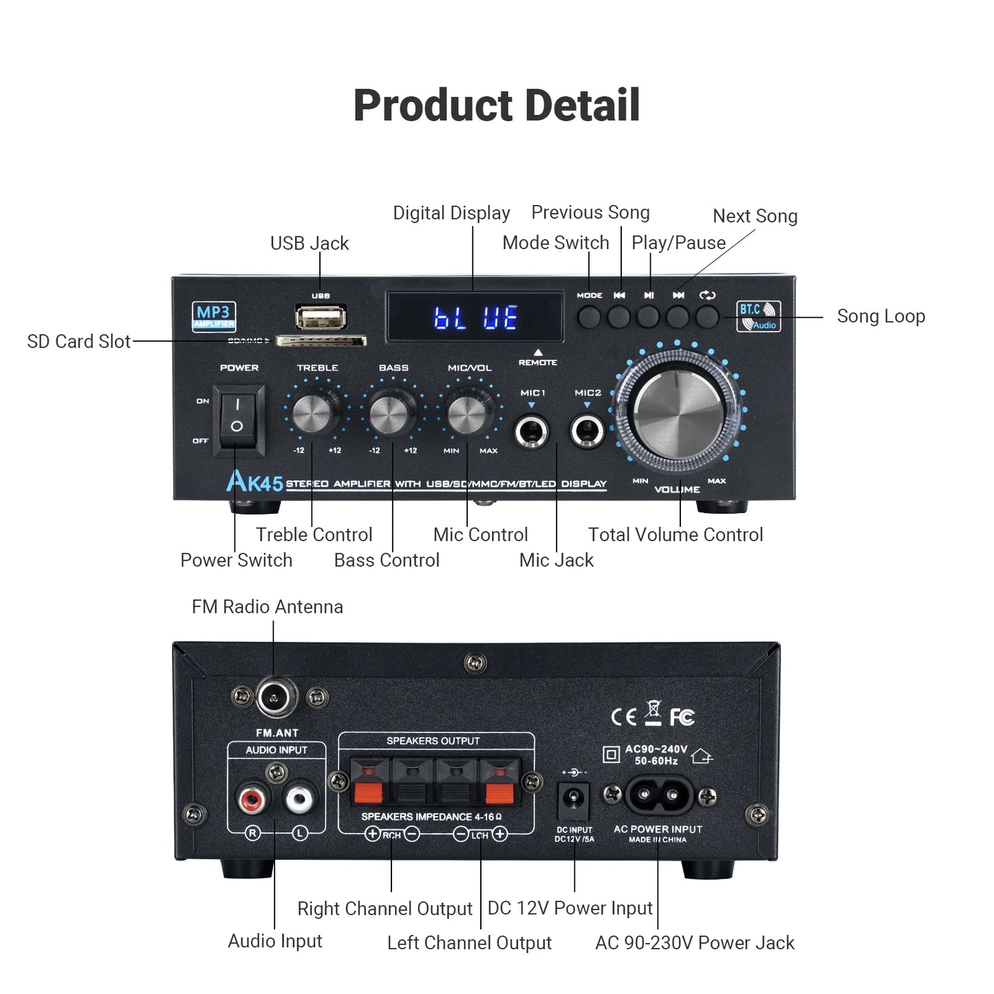 Neohipo Ak45 Stereo Amplifier With Bluetooth Usb Sd Playback