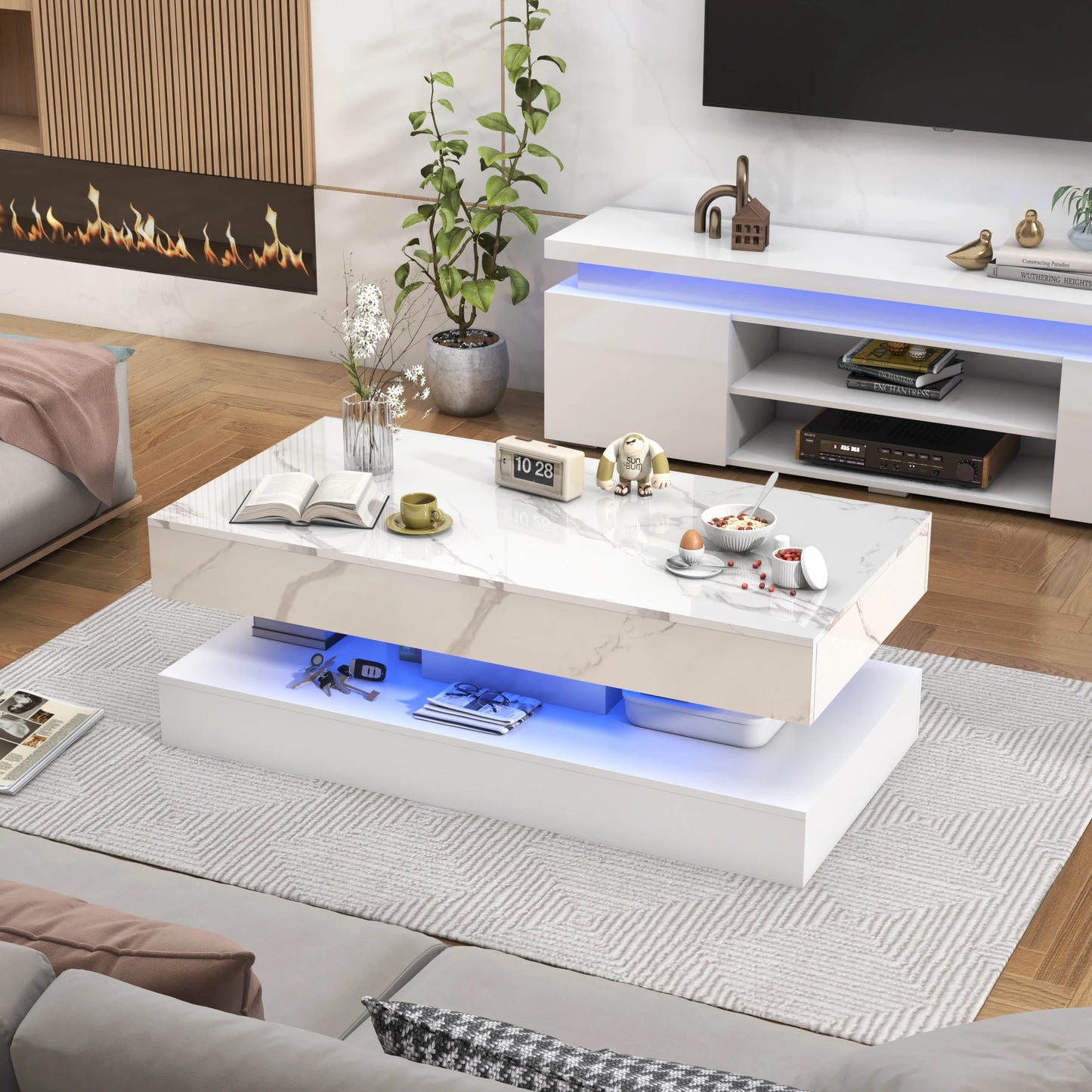 QiaoShiRen Modern LED Coffee Table With Double Storage Drawers