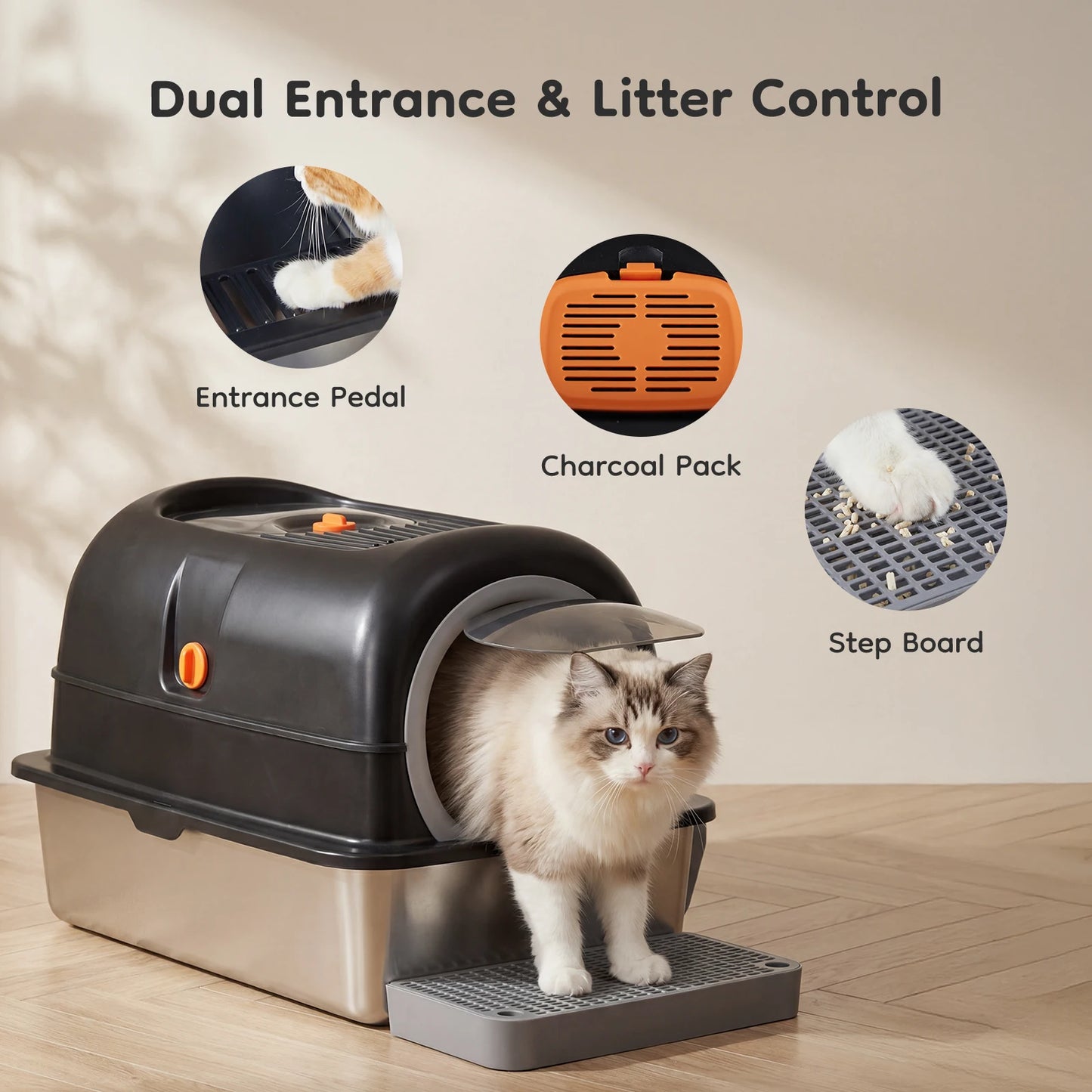 JHK Stainless Steel Fully Enclosed Cat Litter Box Scoop Mat
