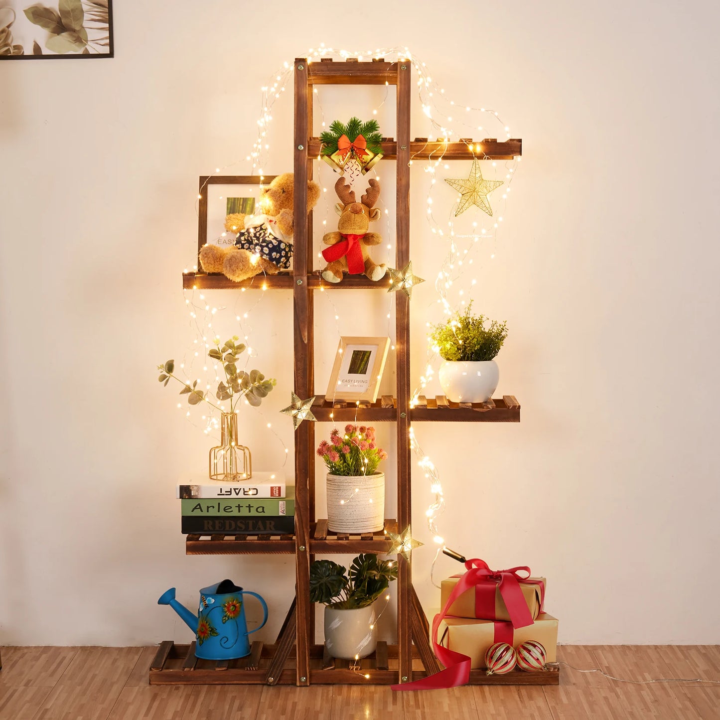 BINGOPAW 6 Tier Wooden Plant Stand Carbonized Wood Flower Display