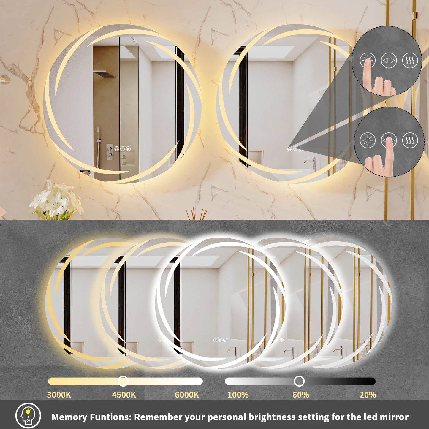 LED Round Bathroom Mirror Backlit Anti Fog Shatterproof Dimmable