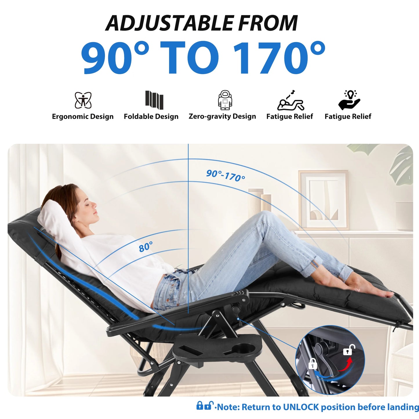 MCQ Zero Gravity Cushioned Lounge Chair Outdoor Folding Cup Holder