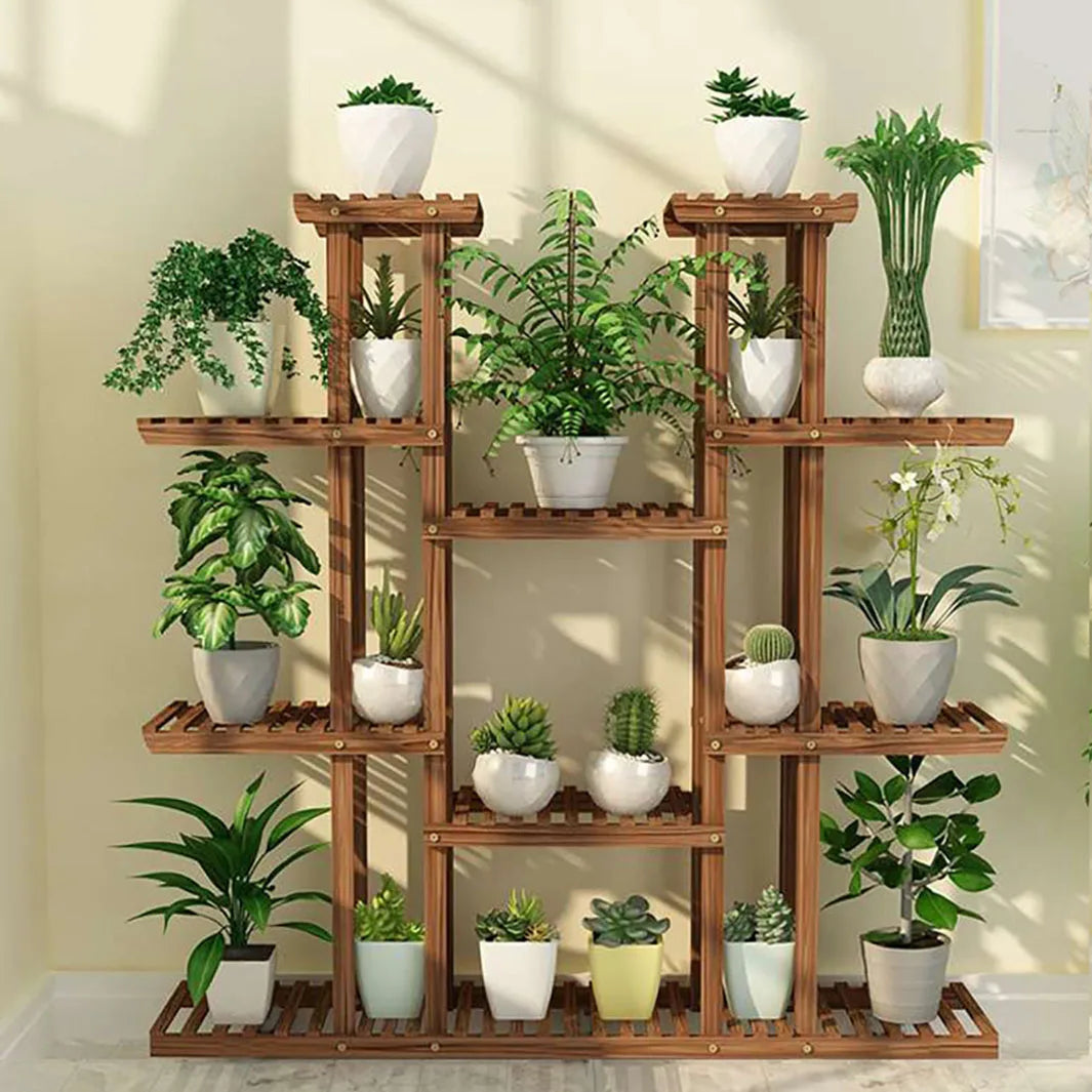 Wooden 11 Tier Plant Stand Carbonized Rustic Garden Display