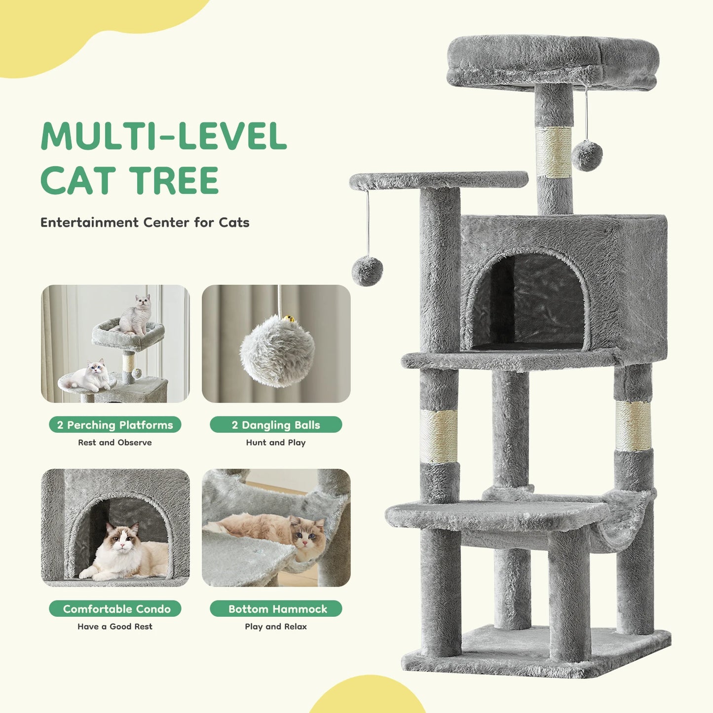 JHK Four Tier Cat Tree Sisal Scratching Posts For Indoor Cats