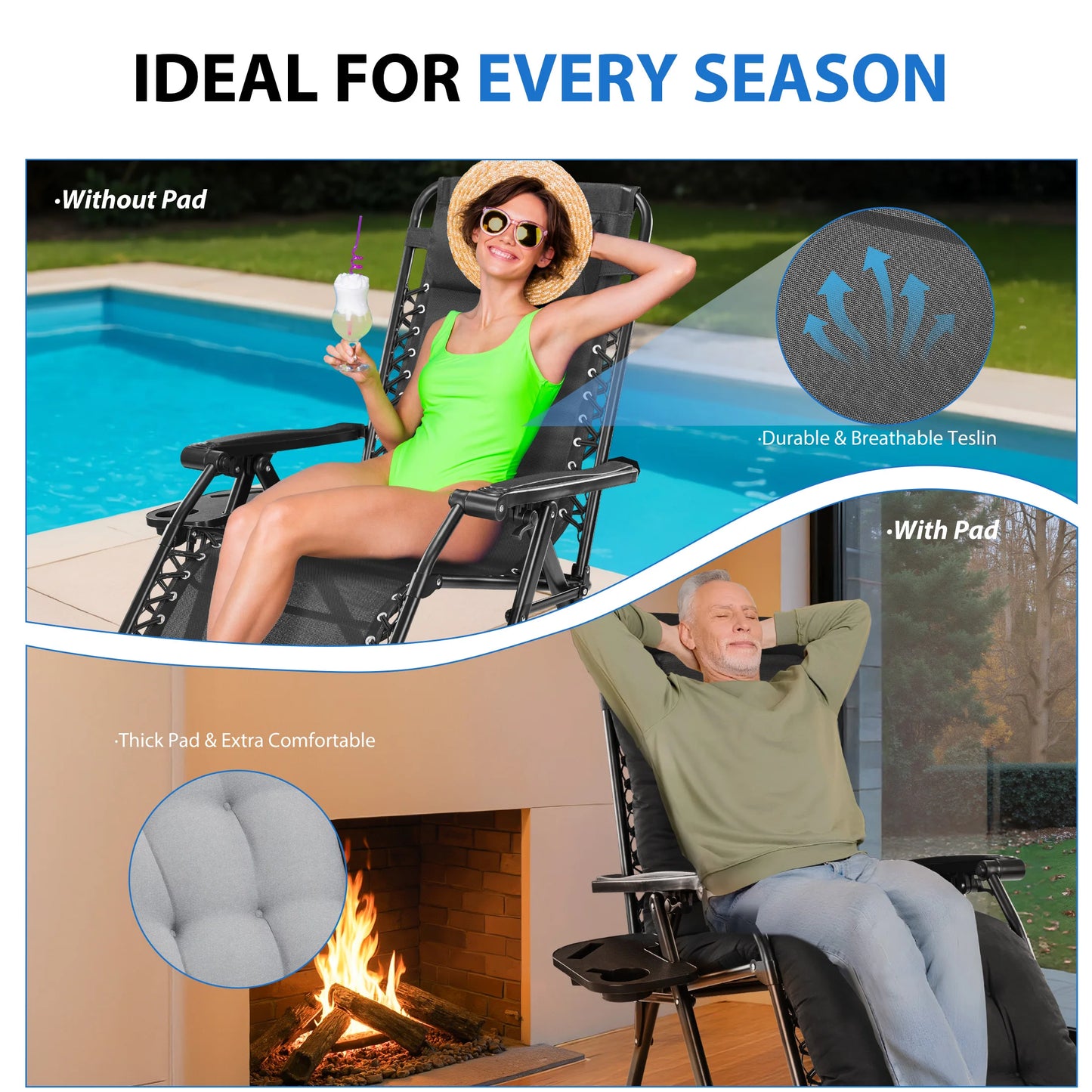 MCQ Zero Gravity Cushioned Lounge Chair Outdoor Folding Cup Holder