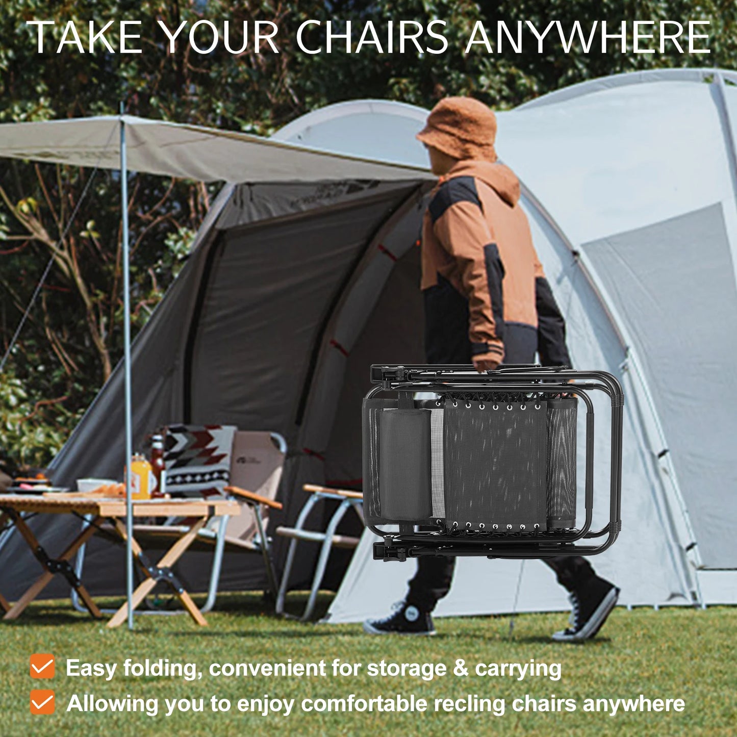 JHK Zero Gravity Portable Recliner With Cup Holder Trays Outdoors