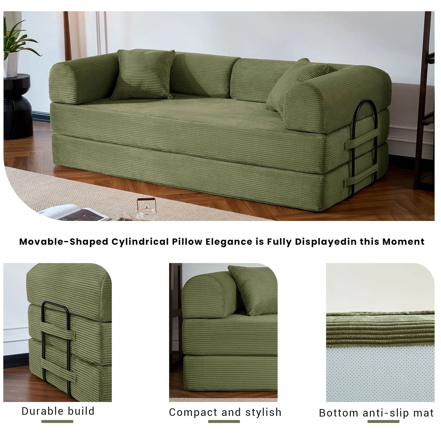 Modern Corduroy Foldable Sofa Bed Removable Cover L-Shaped Armrests