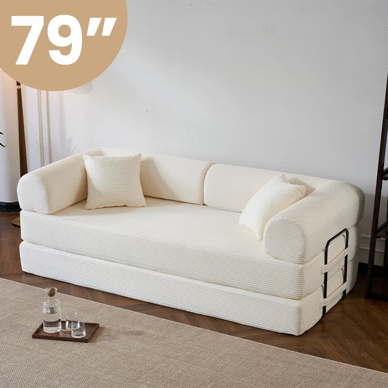 Modern Corduroy Foldable Sofa Bed Removable Cover L-Shaped Armrests