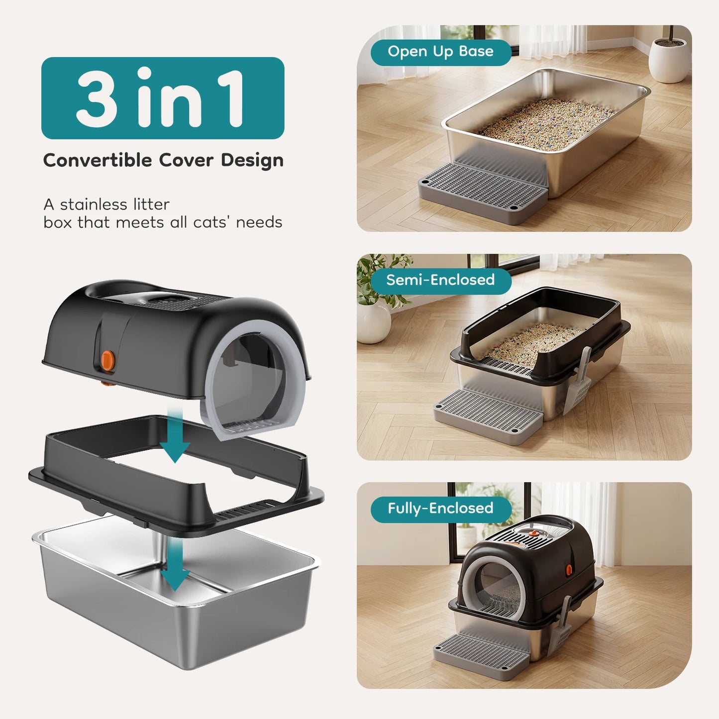 Stainless Steel Fully Enclosed Cat Litter Box Includes Scoop Mat
