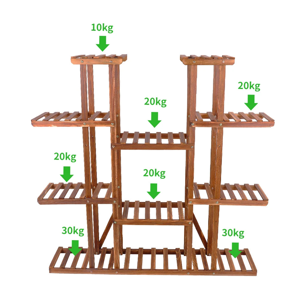 Wooden 11 Tier Plant Stand Carbonized Rustic Garden Display