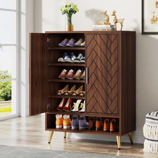 Tribesigns 6 Tier Shoe Cabinet With Doors Walnut Wood Storage