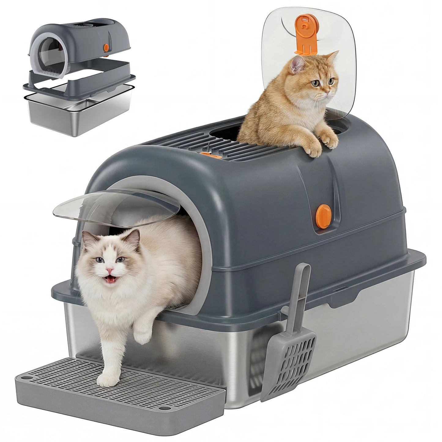 Stainless Steel Fully Enclosed Cat Litter Box Includes Scoop Mat