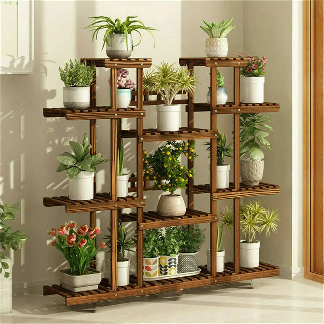 Wooden 11 Tier Plant Stand Carbonized Rustic Garden Display