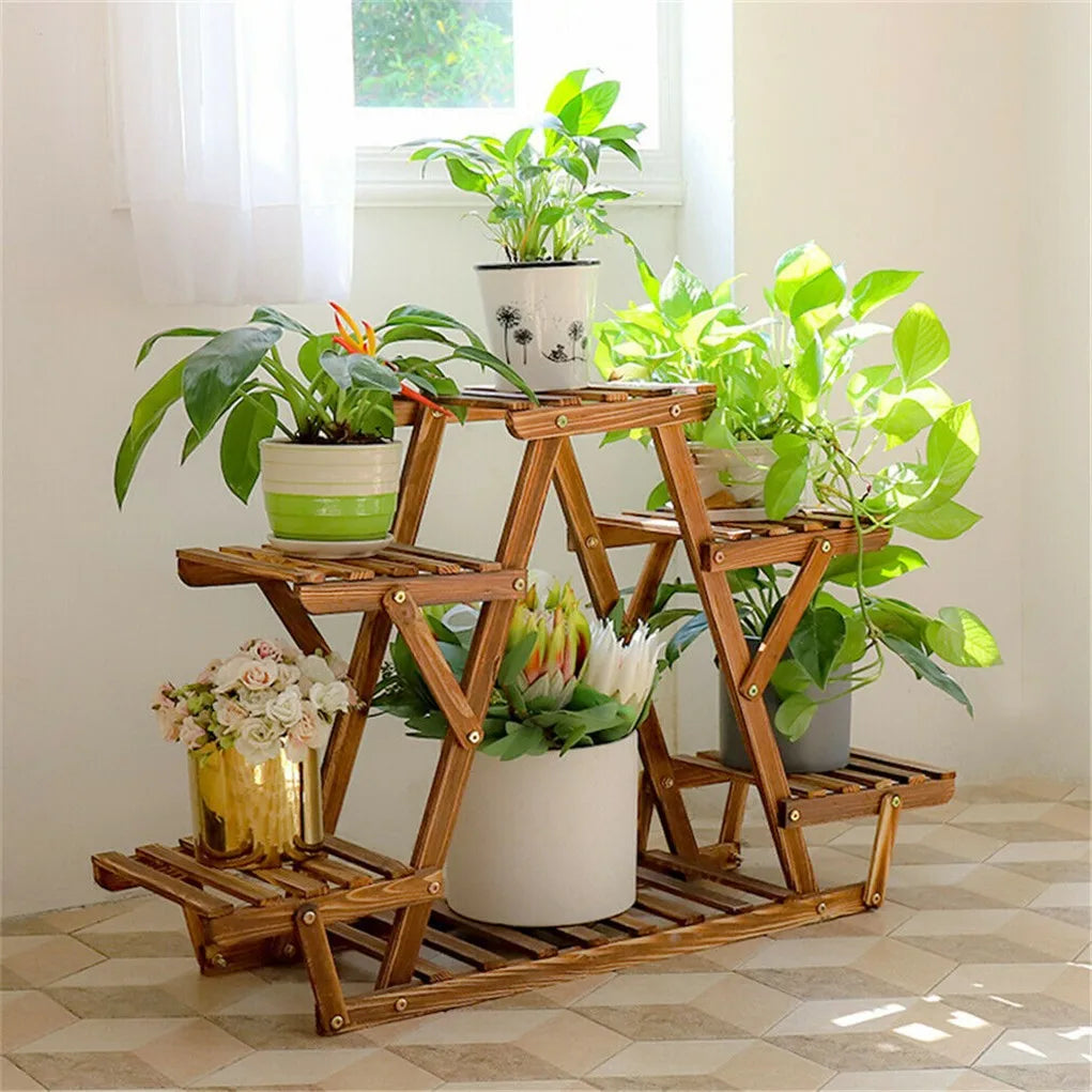 Carbonized Triangle 6 Tier Corner Wood Plant Stand Indoor Outdoor