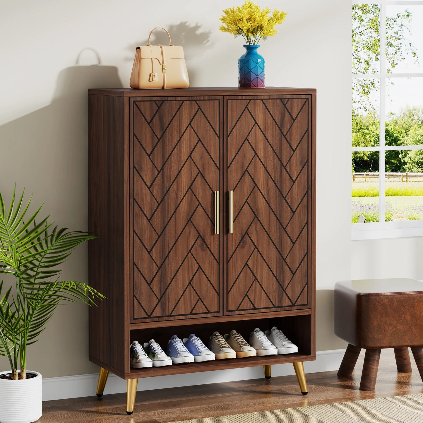 Tribesigns 6 Tier Shoe Cabinet With Doors Walnut Wood Storage