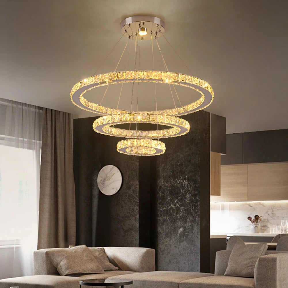 GreeLustr Modern Crystal Dimmable Pendant Light Diy Rings Led Chandelier