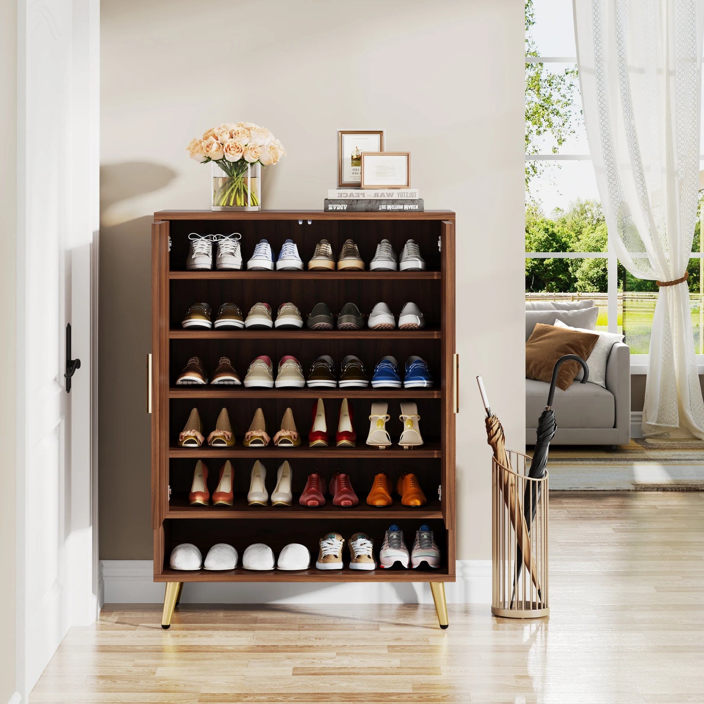 Tribesigns 6 Tier Shoe Cabinet With Doors Walnut Wood Storage