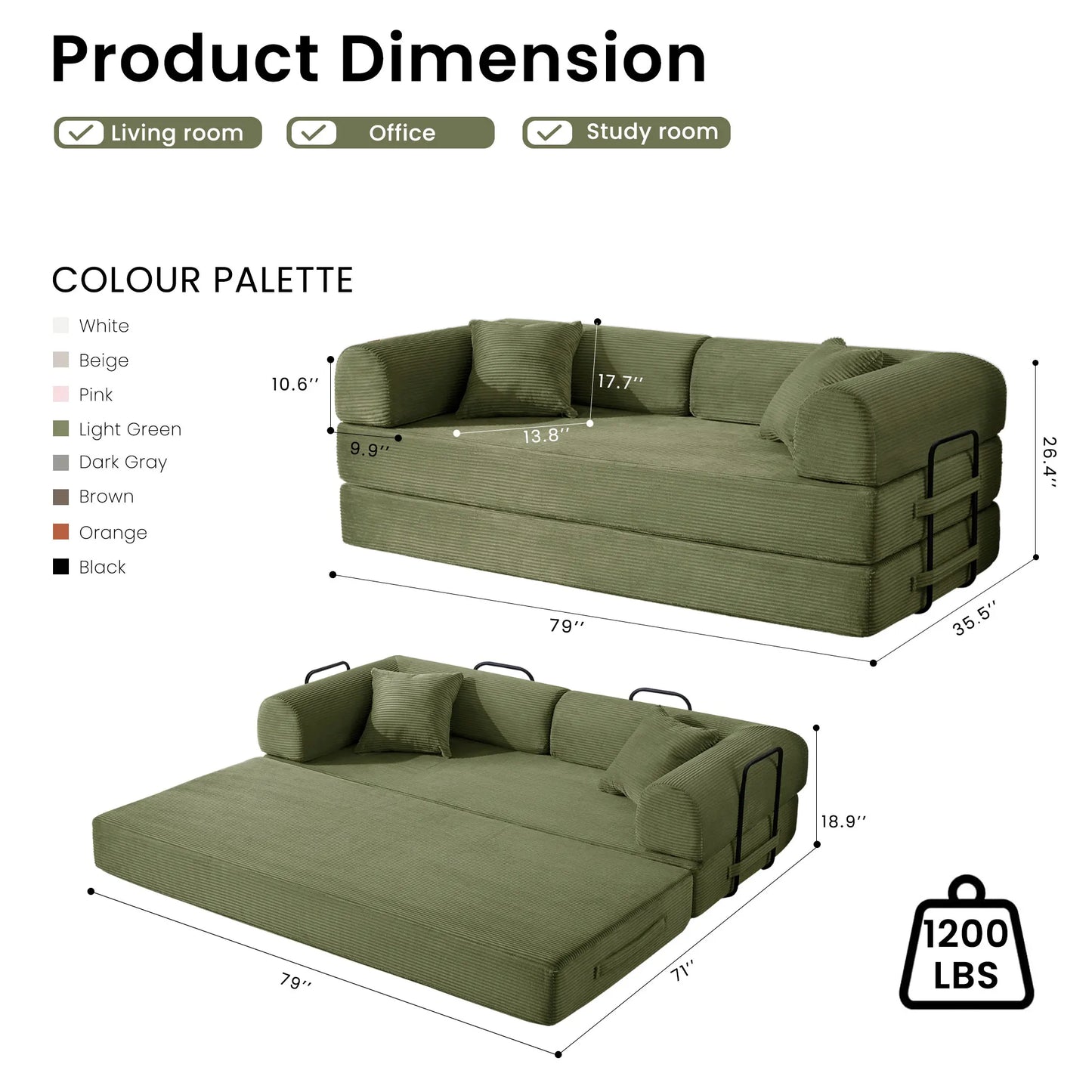 Modern Corduroy Foldable Sofa Bed Removable Cover L-Shaped Armrests