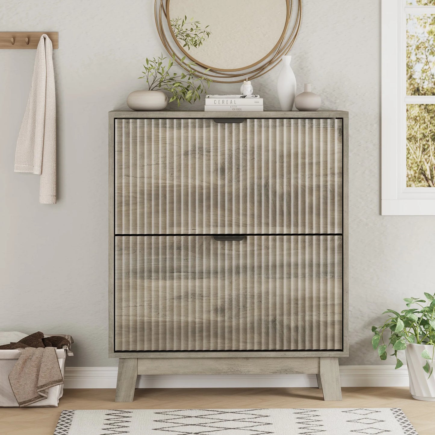 Shoe Cabinet With 2 Flip Drawers Narrow Tall Wooden Storage