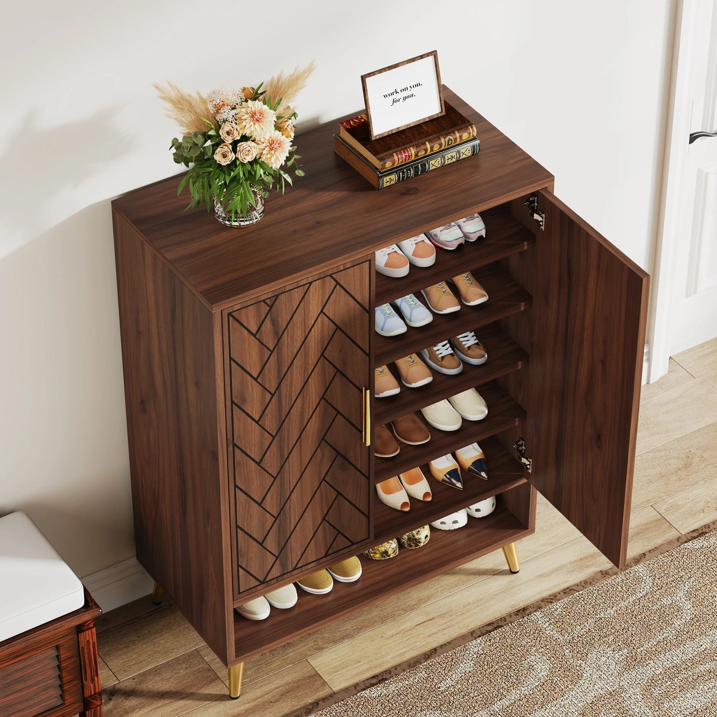 Tribesigns 6 Tier Shoe Cabinet With Doors Walnut Wood Storage