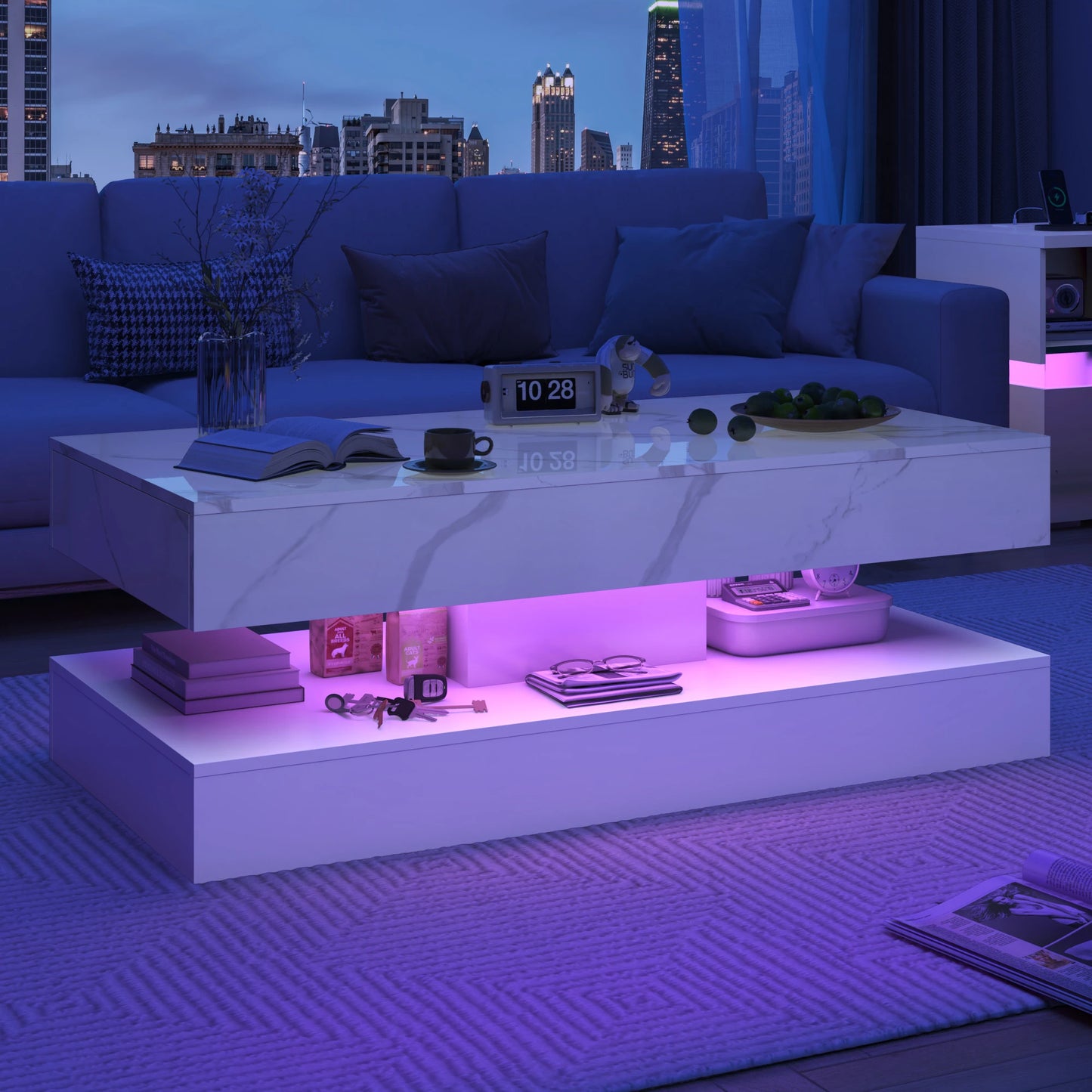 QiaoShiRen Modern LED Coffee Table With Double Storage Drawers