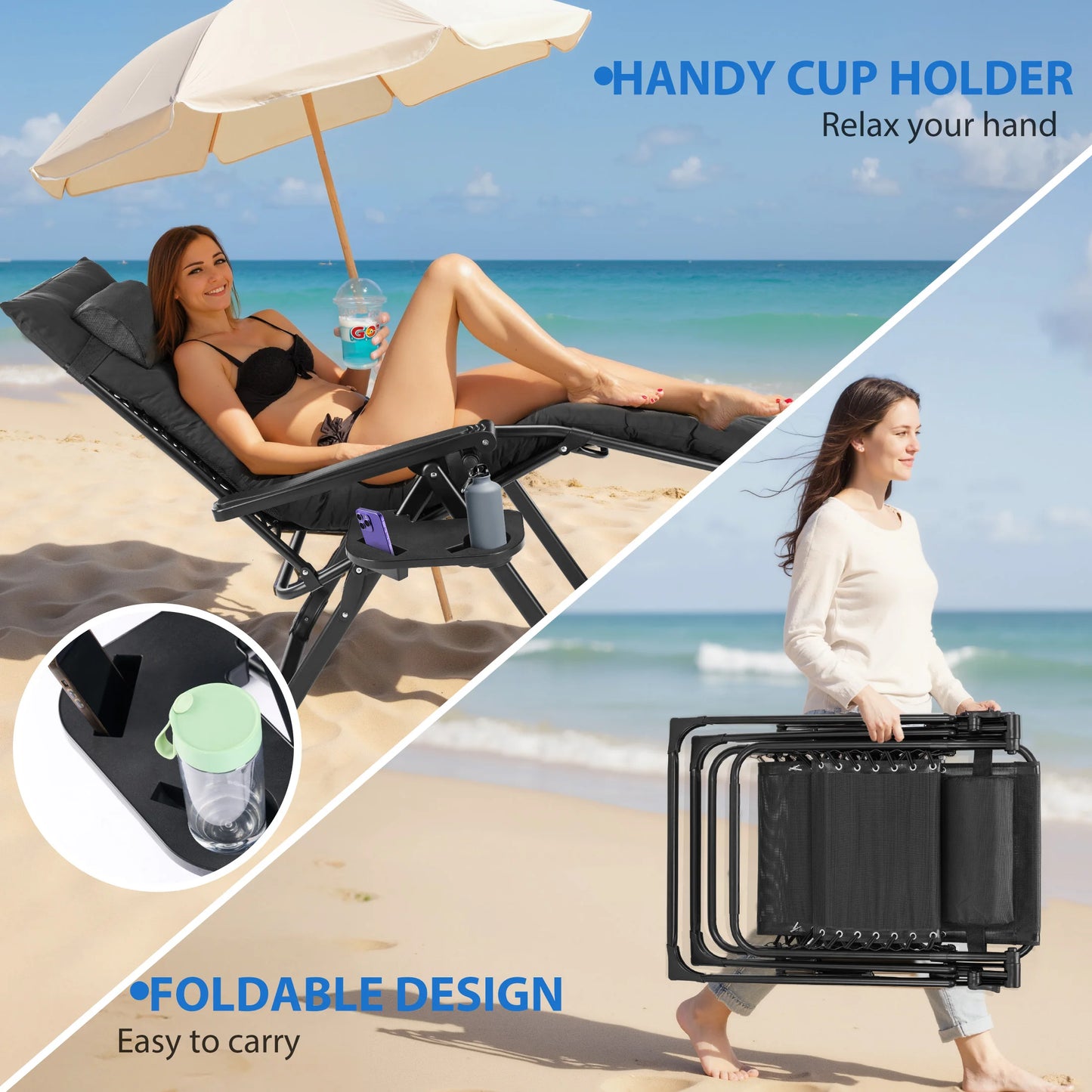 MCQ Zero Gravity Cushioned Lounge Chair Outdoor Folding Cup Holder