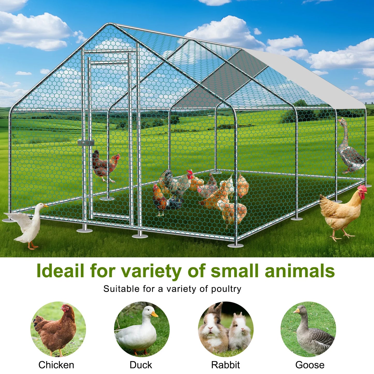 Teousev Large Metal Chicken Coop Walk In Run With Peaked Roof