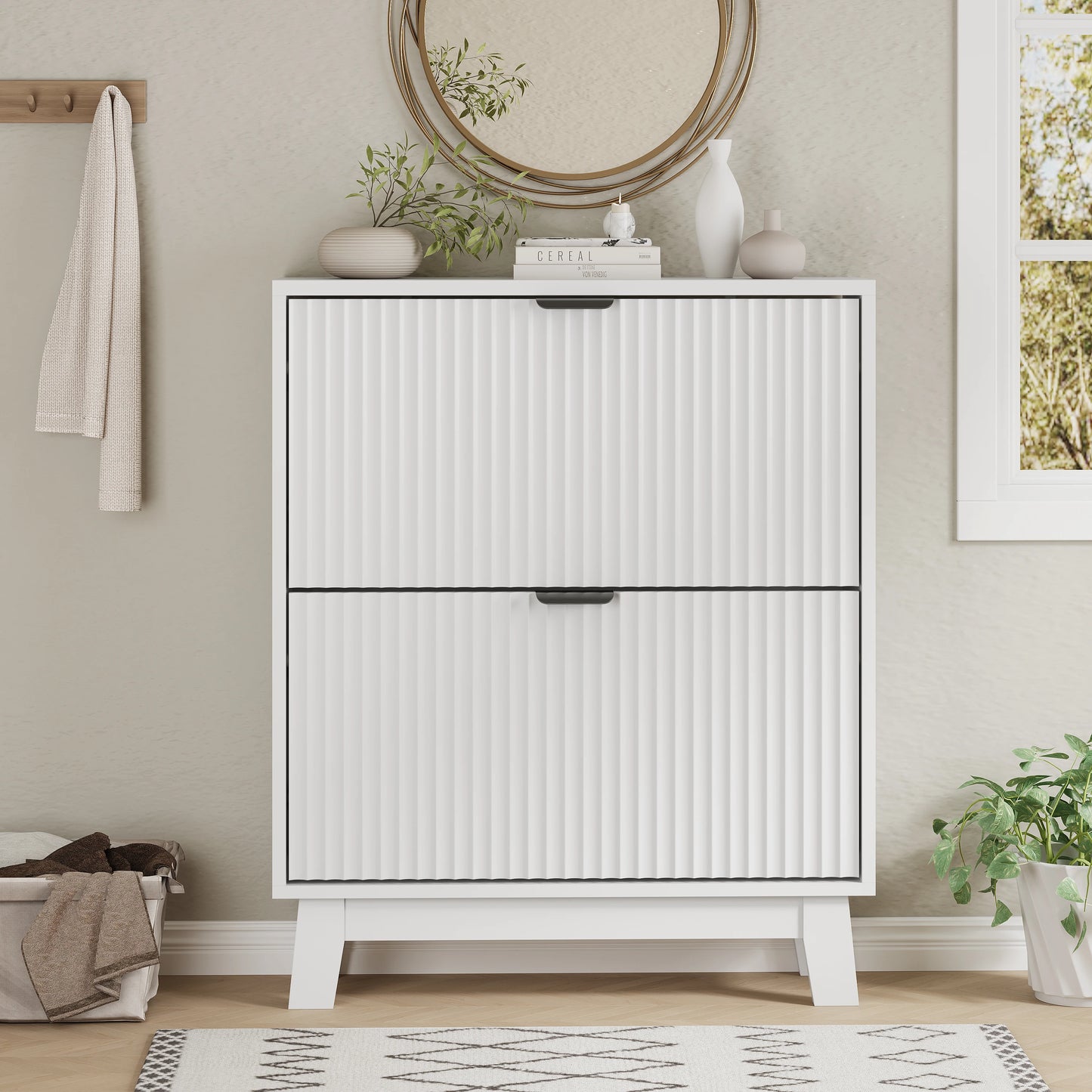 Shoe Cabinet With 2 Flip Drawers Narrow Tall Wooden Storage