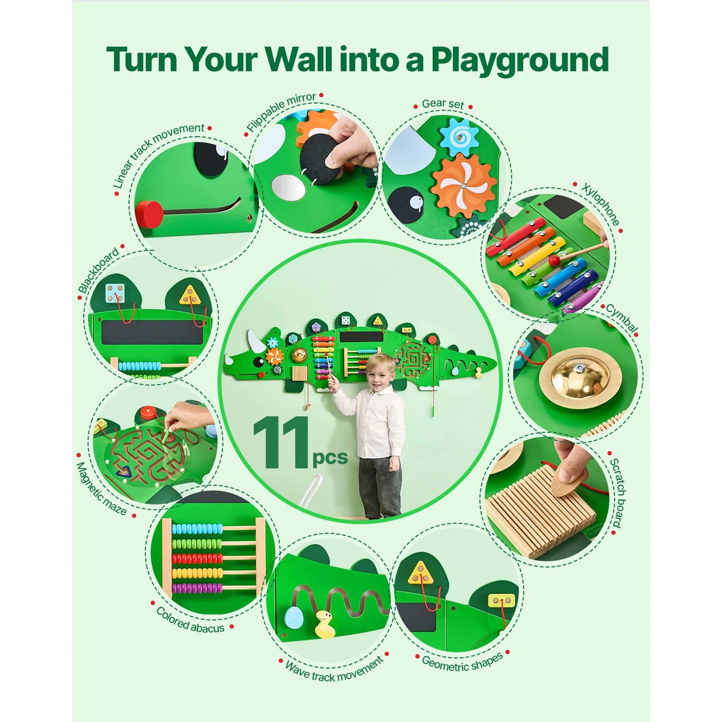SucceBuy Dinosaur Kids Busy Wall Board 11 Activity Panels Montessori Sensory Toy