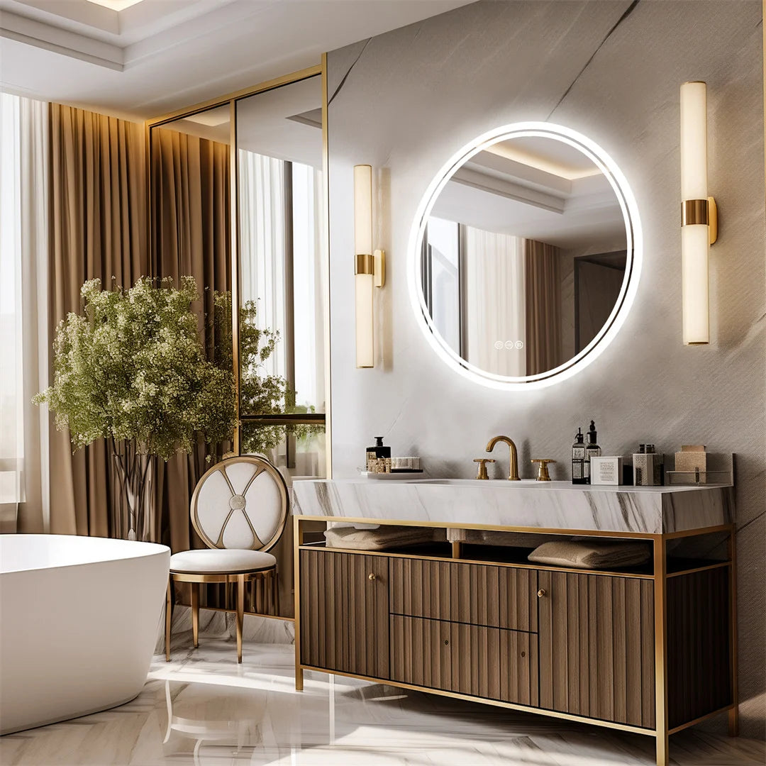 LUVODI Round LED Bathroom Mirror With Touch Dimmer Anti Fog