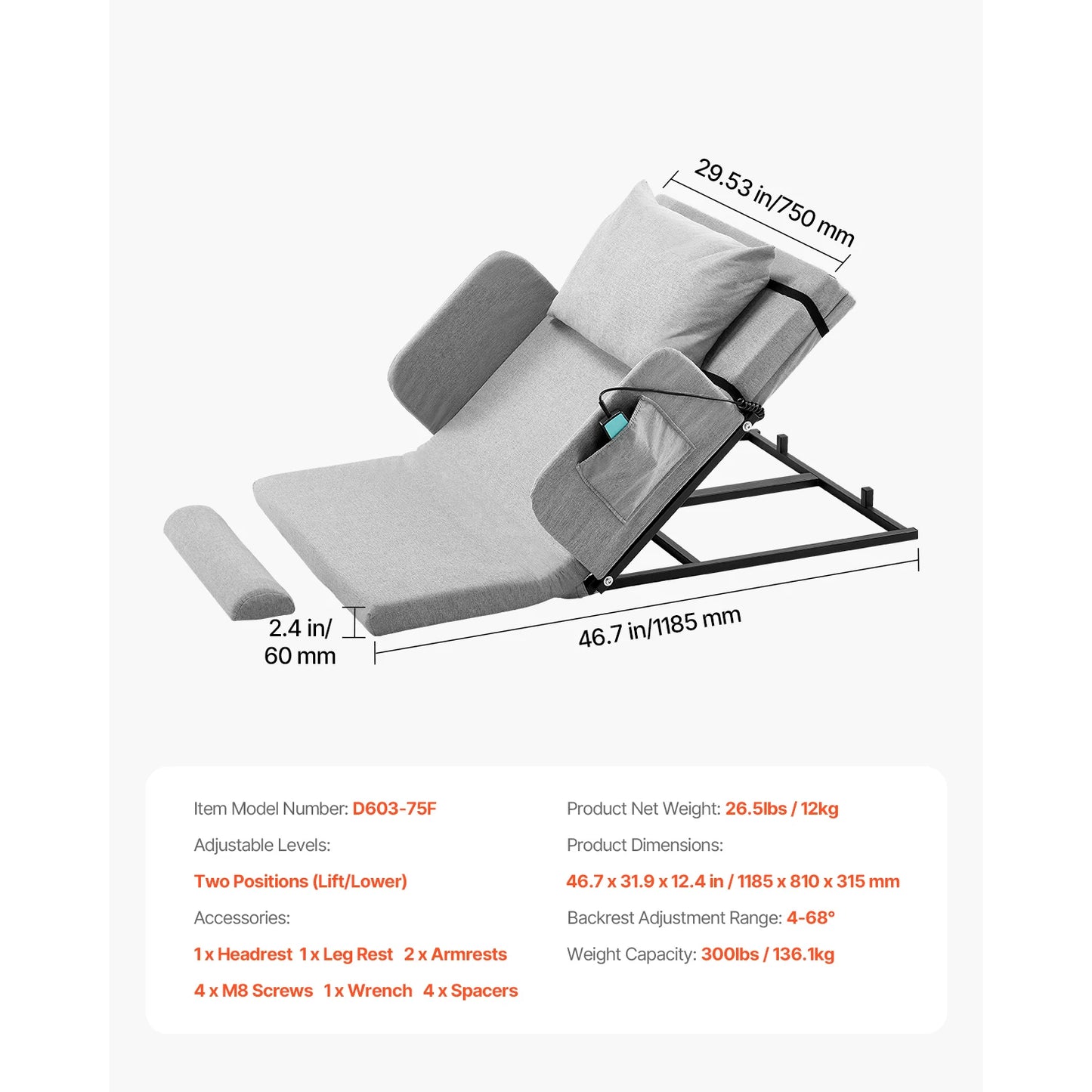 SucceBuy Electric Lifting Backrest For Bed With Guardrail Armrest