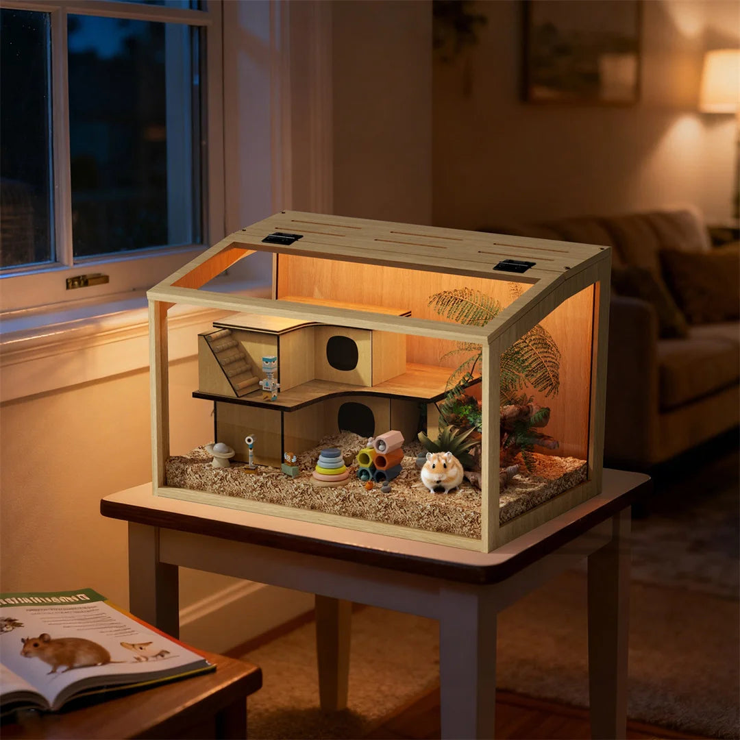 Natural Wooden Hamster Cage With Glass Panels And LED Light